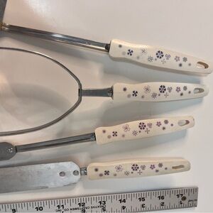 Vintage Floral Kitchen Utensil Set with White and Purple Handles